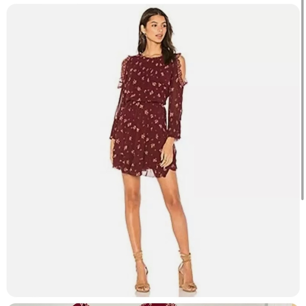 Joie Women Arleth Dress Maroon Floral 100% Silk Tunic Cold Shoulder SIZE XS